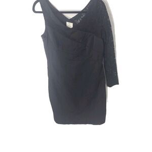 Suzi Chin Maggy Boutique Asymmetric Sheath Dress 14 Black Lace Party Cocktail‎